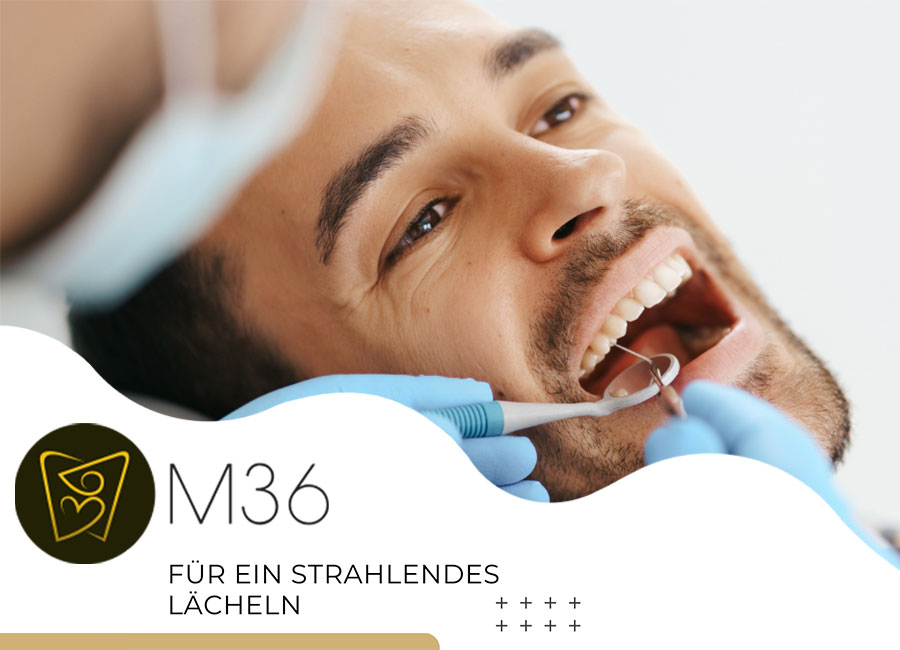 Zahnarztuntersuchung und links unten das Logo und der Name der Zahnarztpraxis M36 by Immagine Werbeagentur München
