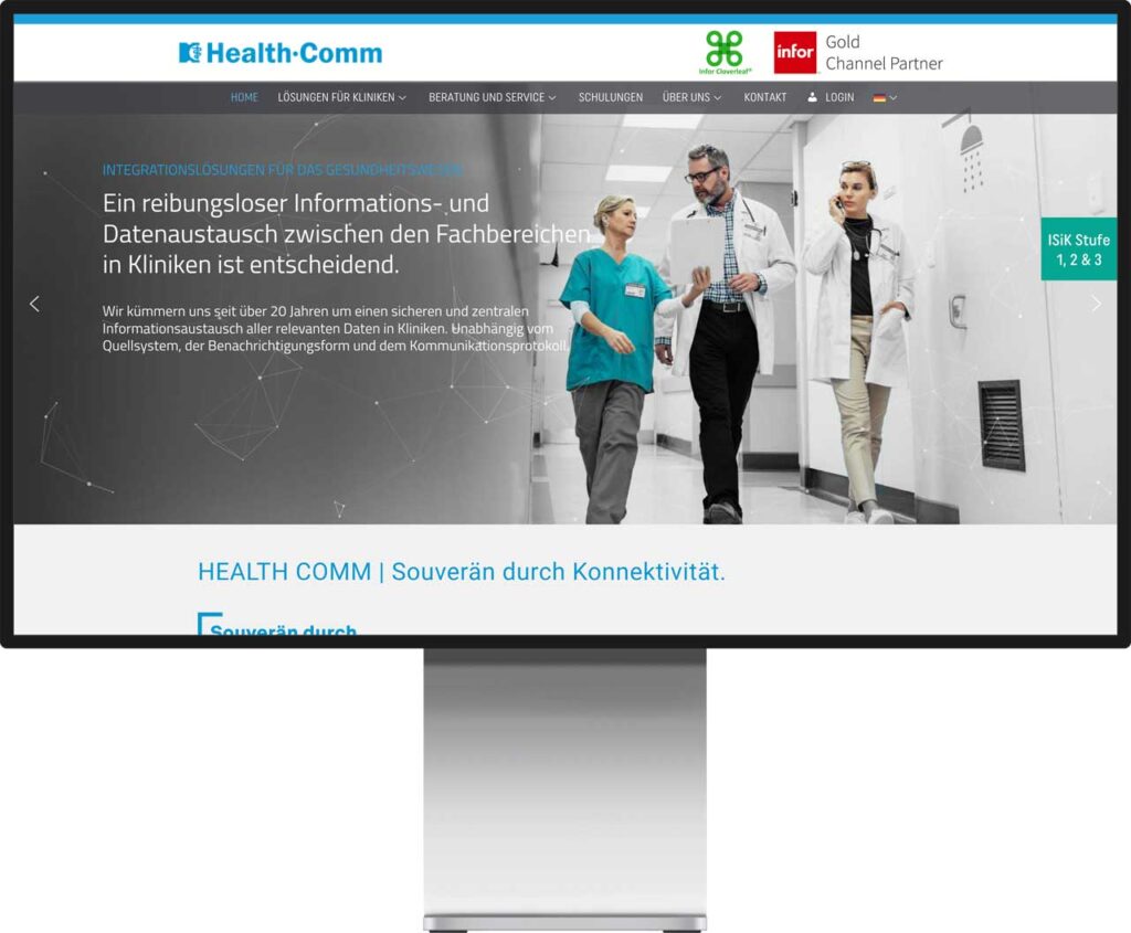 Monitor Mockup der Webseite von Health Comm - Kliniksoftware by Immagine Werbeagentur und Webagentur München