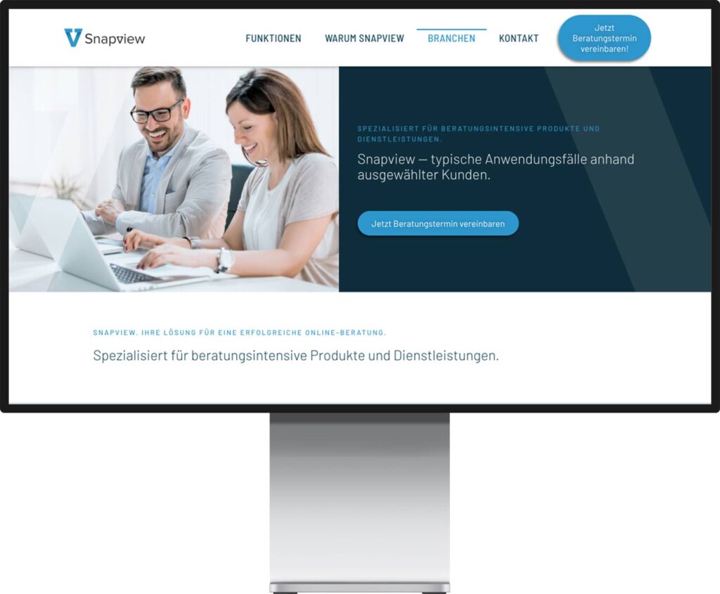 Monitor Mockup der Webseite von Snapview - Online Beratung für Banken und Versicherungen by Immagine Werbeagentur und Webagentur München