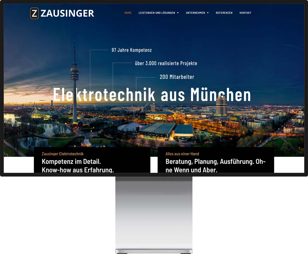 Immagine Werbeagentur Mockup eines Monitors, der die Zausinger Elektrotechnik Webseite zeigt.